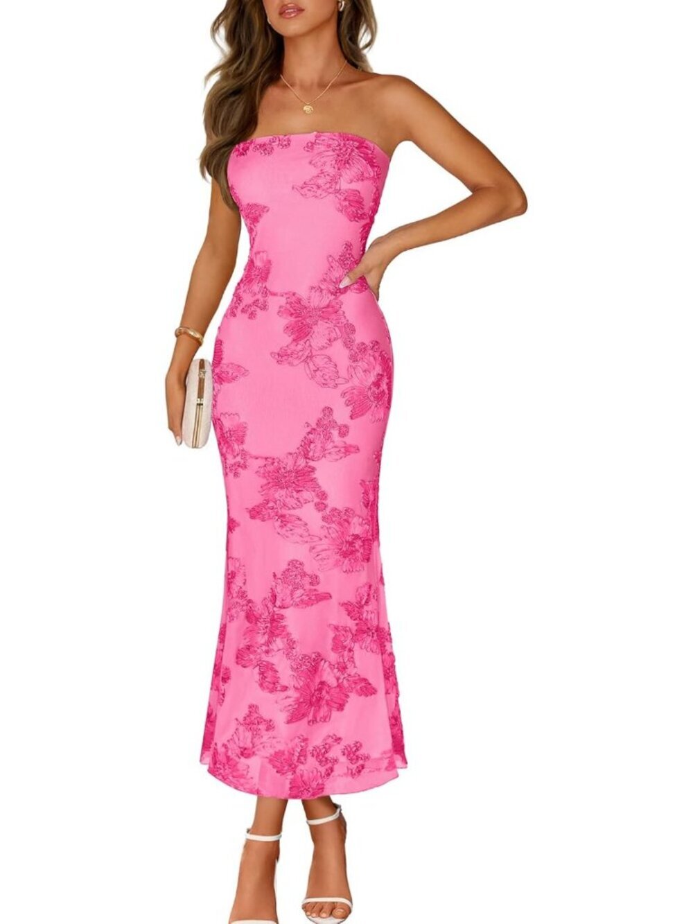 Women's Floral Strapless Maxi Dress Hot Pink Summer Mesh Bodycon Formal Dress